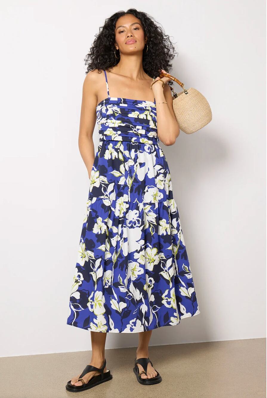 EVEREVE NWT Emmie Ruched Midi Dress in Blue Bold Floral // S - Picture 1 of 12